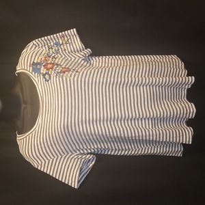 Brown and White Striped Tee with Floral Embroidery